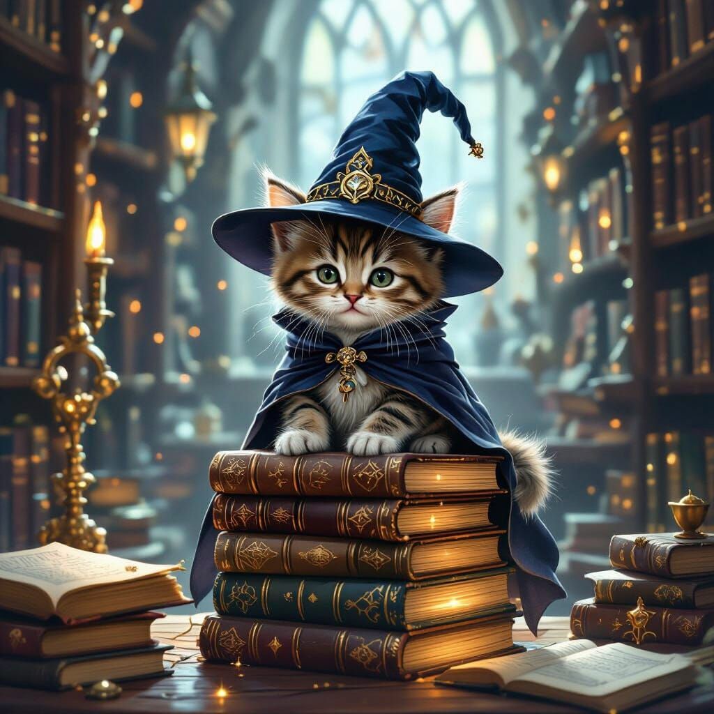 Wizard Kitten in Magical Library, Digital Art