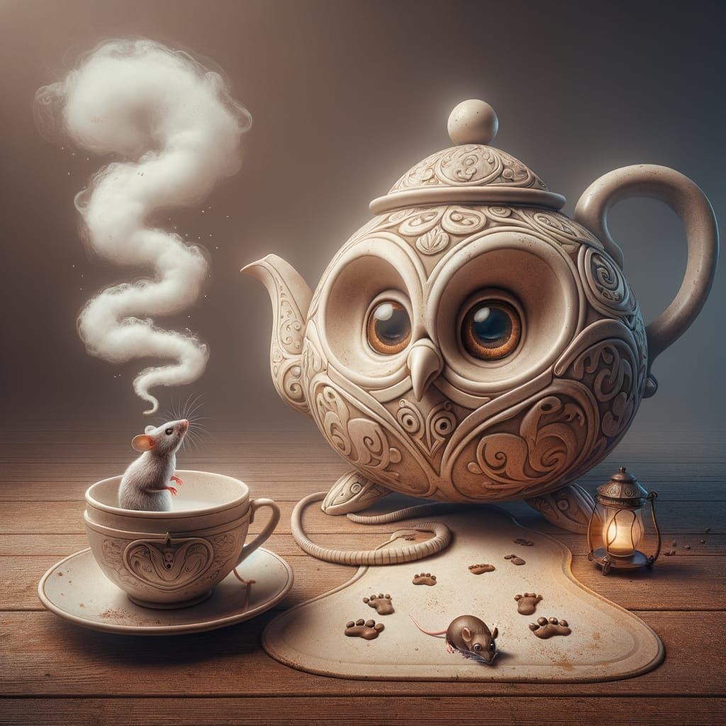 Mouse in Teacup Watched by Teapot Owl