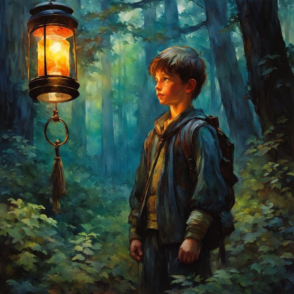 Mysterious Boy in a Watercolor Forest Scene