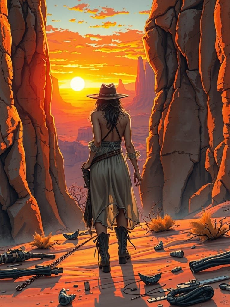 Post-Apocalyptic Cowgirl in Desert Canyon Alcohol Ink Illust...