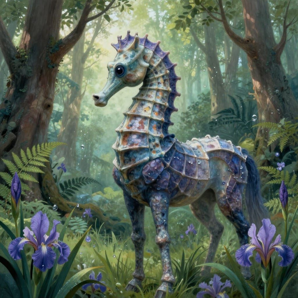 Majestic Seahorse-Horse Hybrid in Ancient Forest