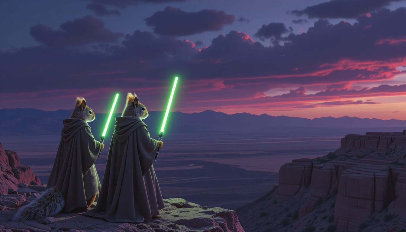 Jedi Squirrels on Mojave Cliff in Photorealistic Style
