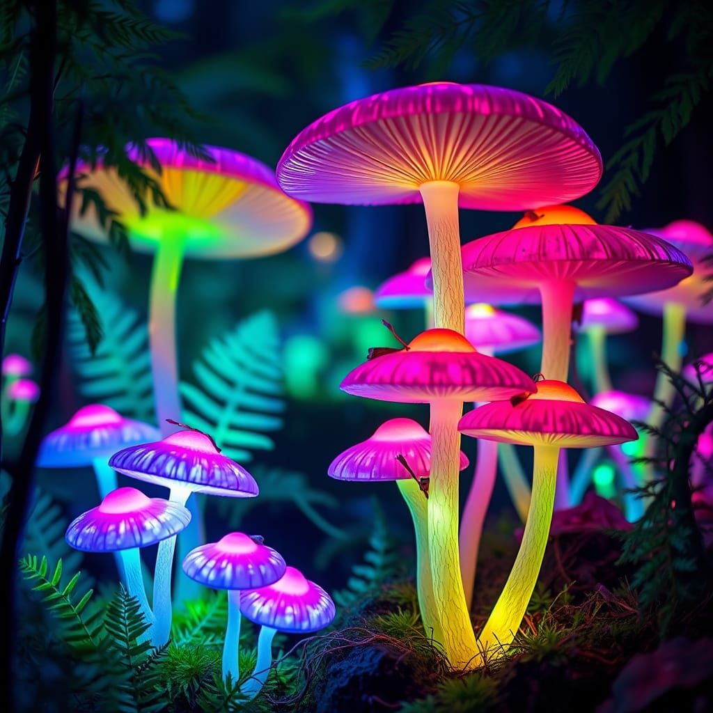 Surreal Forest of Neon Mushrooms and Ethereal Elf Creatures