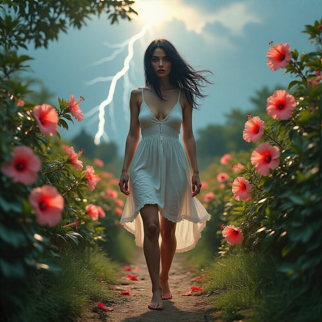 Woman in Hibiscus Garden During Storm, Photorealistic Style