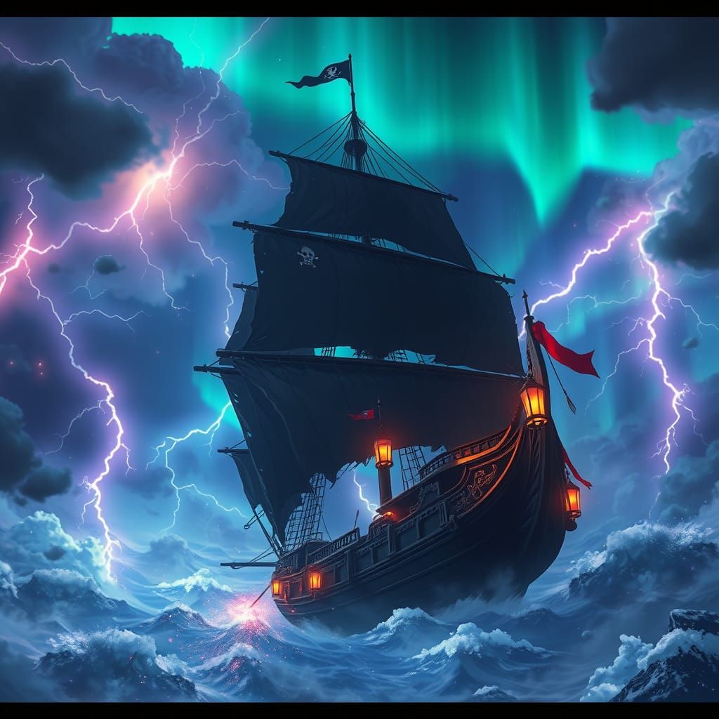 Majestic Pirate Vessel in Turbulent Anime-Style Storm
