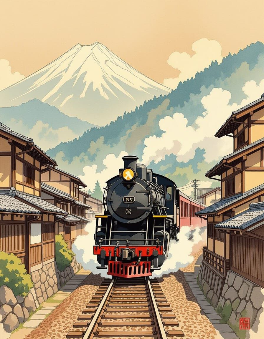 Vintage Train Launch in Japan as Pencil Sketch