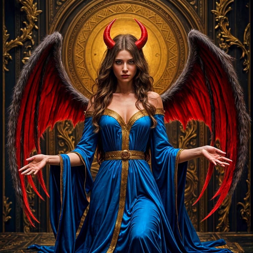 Surreal Angel-Demon in Blue Robe