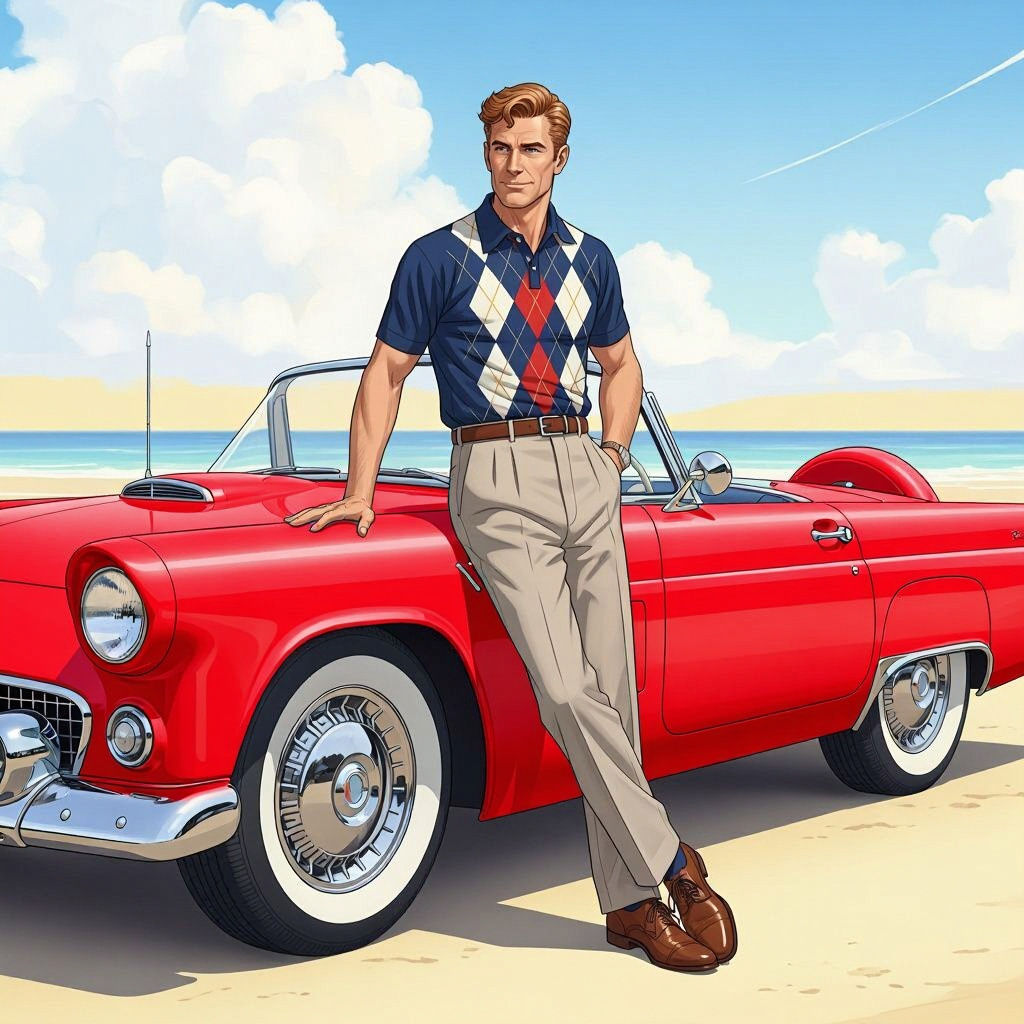 1950s Man and Thunderbird Convertible, 3D Anime Art