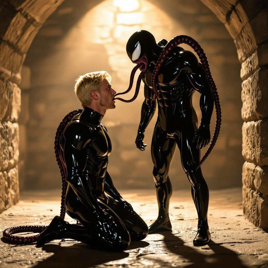 Symbiote Suits in Ancient Dungeon with Cinematic Lighting