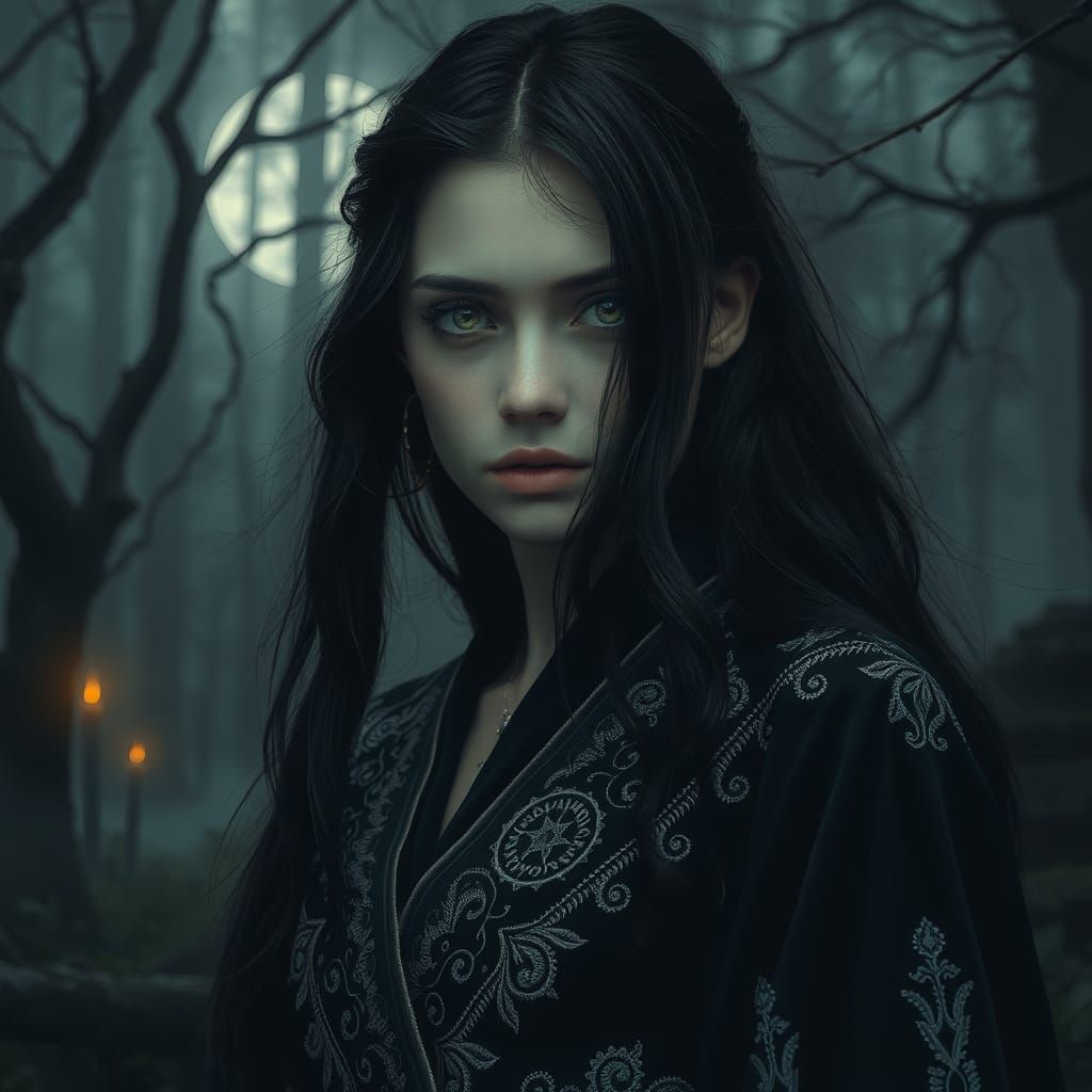 Ethereal Woman in Forest Clearing, Dark Fantasy Portrait