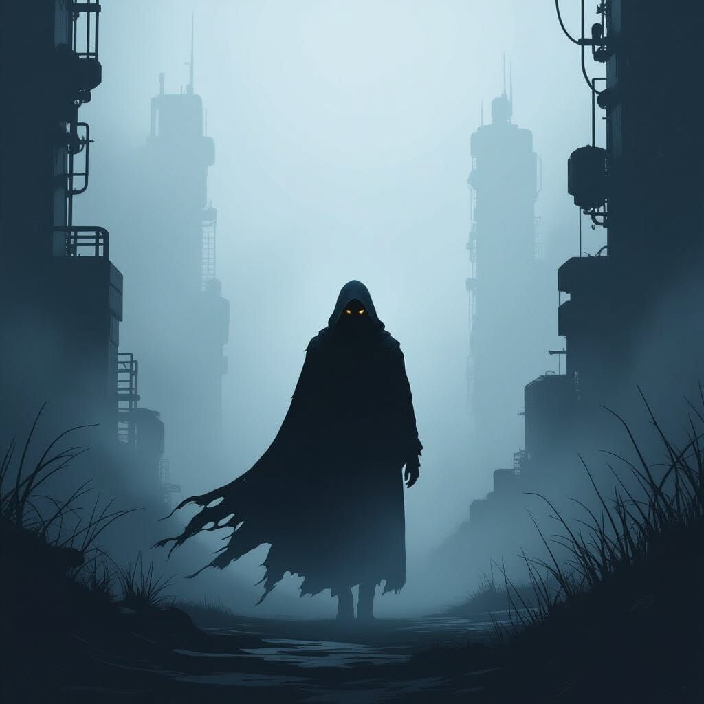 Eerie Figure Silhouette in Industrial Surrealism Style