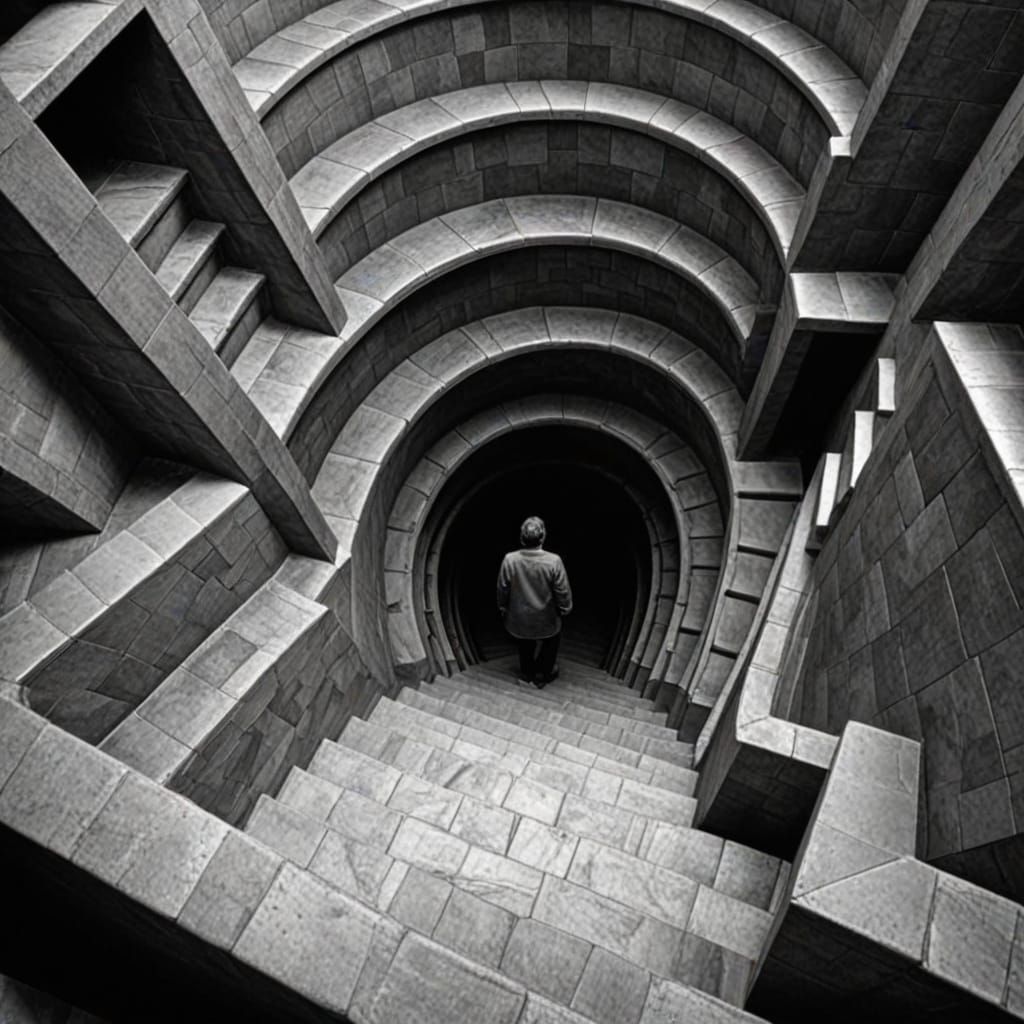 Escher-esque Labyrinth of Brutalist Stairwells in Black and ...