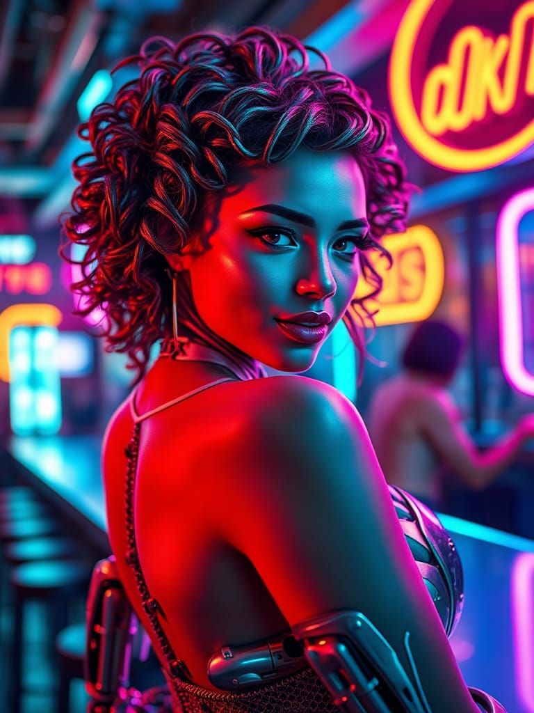 Sorayama Cyborg Supermodel in Neon Sci-Fi Bar