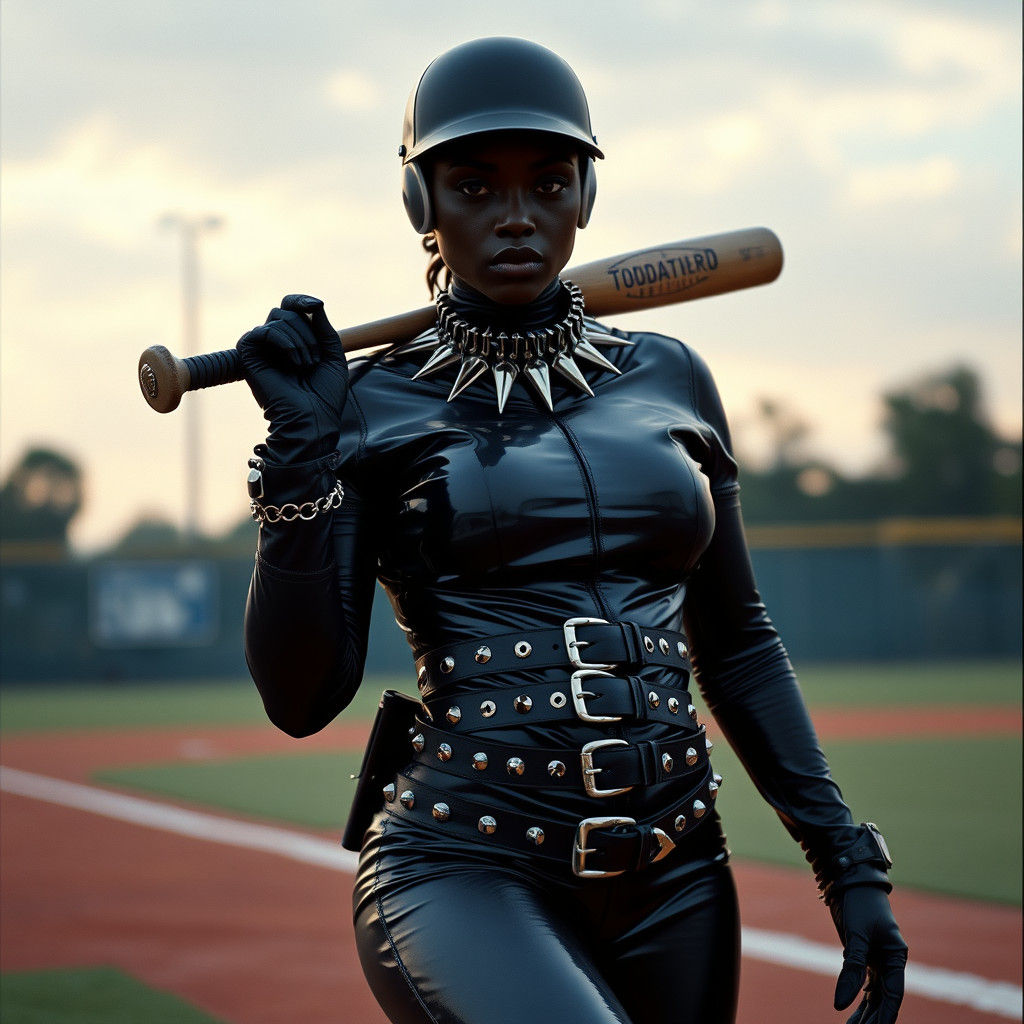 Woman in Latex Suit with Baseball Bat