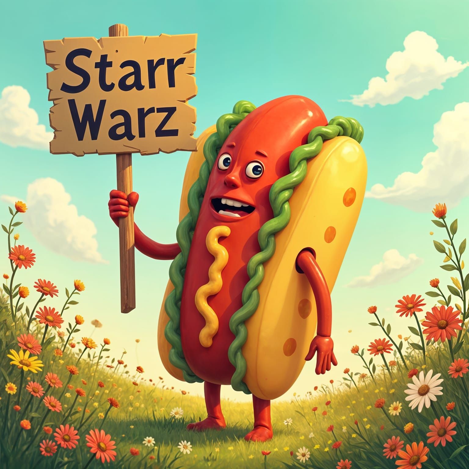 A Man in a Hotdog Costume in a Peaceful Meadow