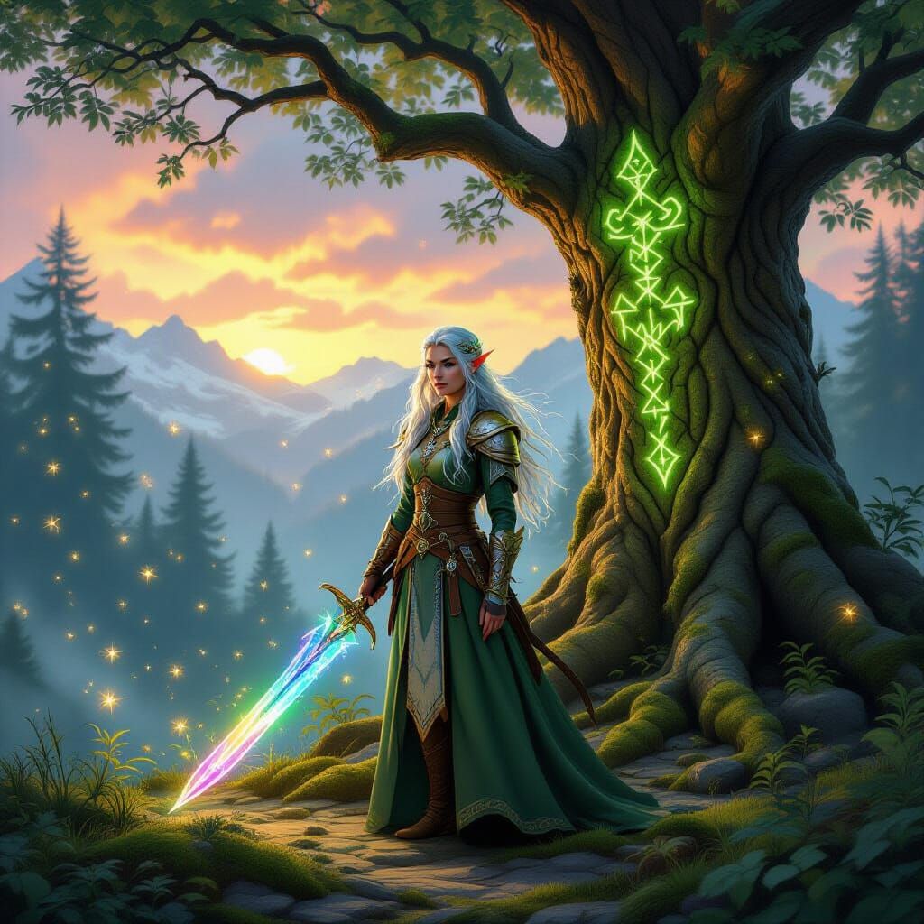 Elf Warrior on Mossy Forest Clearing with Crystal Sword