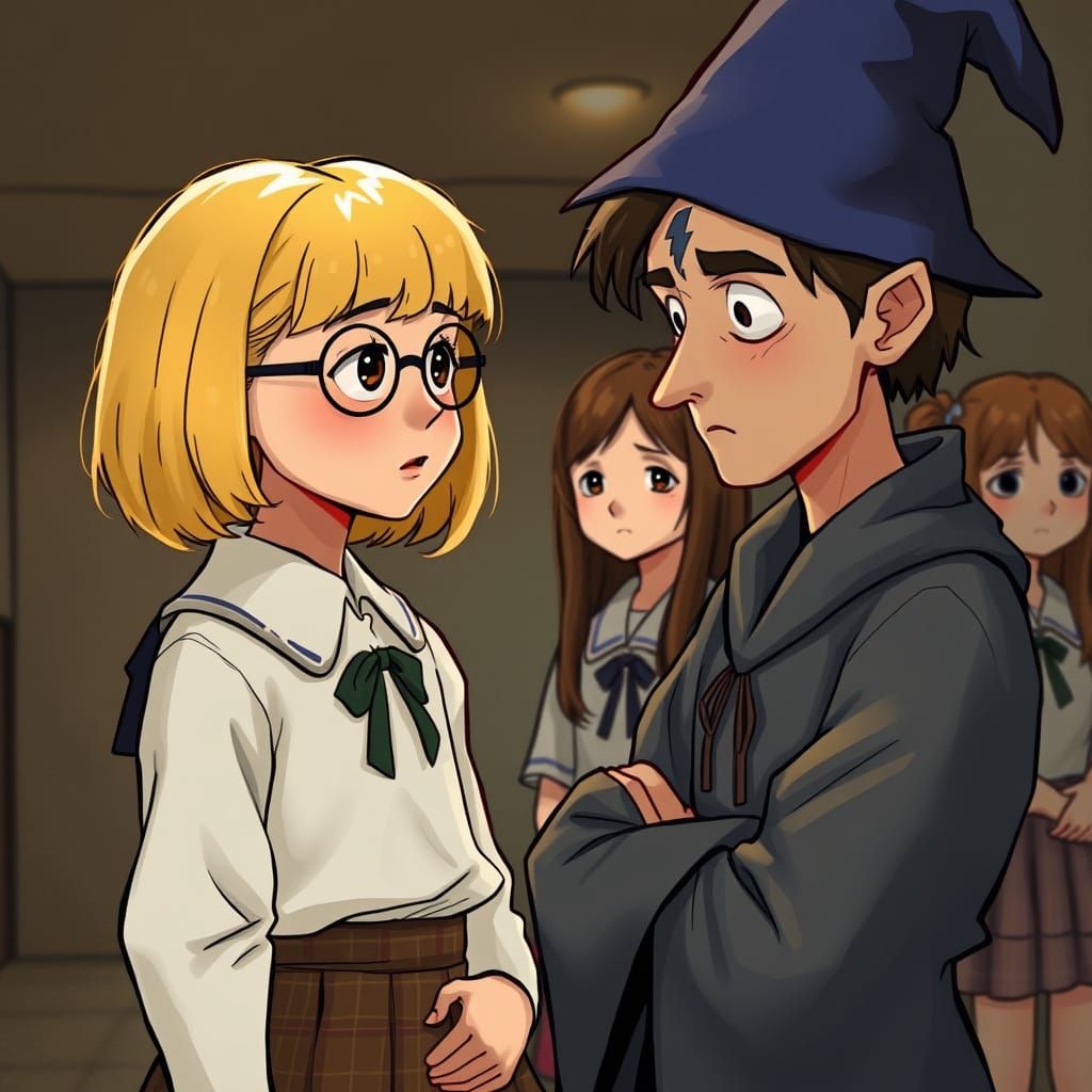 Girl and Wizard Conversation in Digital Art Style