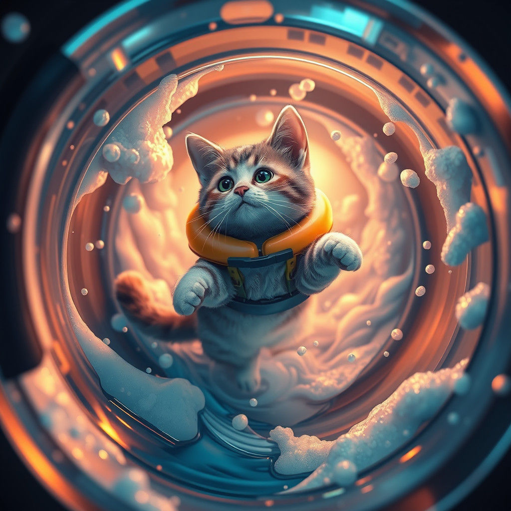 Cat in Washing Machine: Dreamlike Fantasy Concept Art