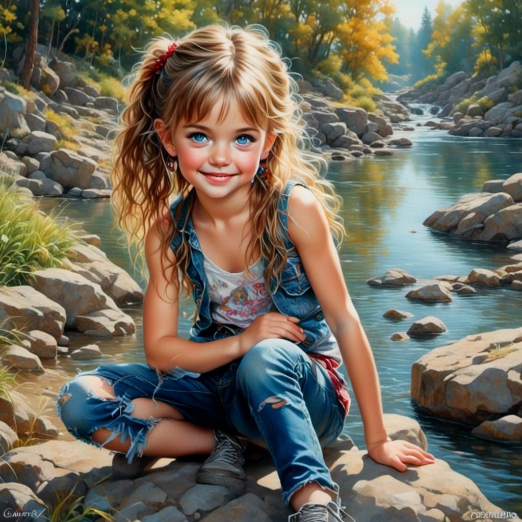 Punk Chibi Girl by the River: Digital Art