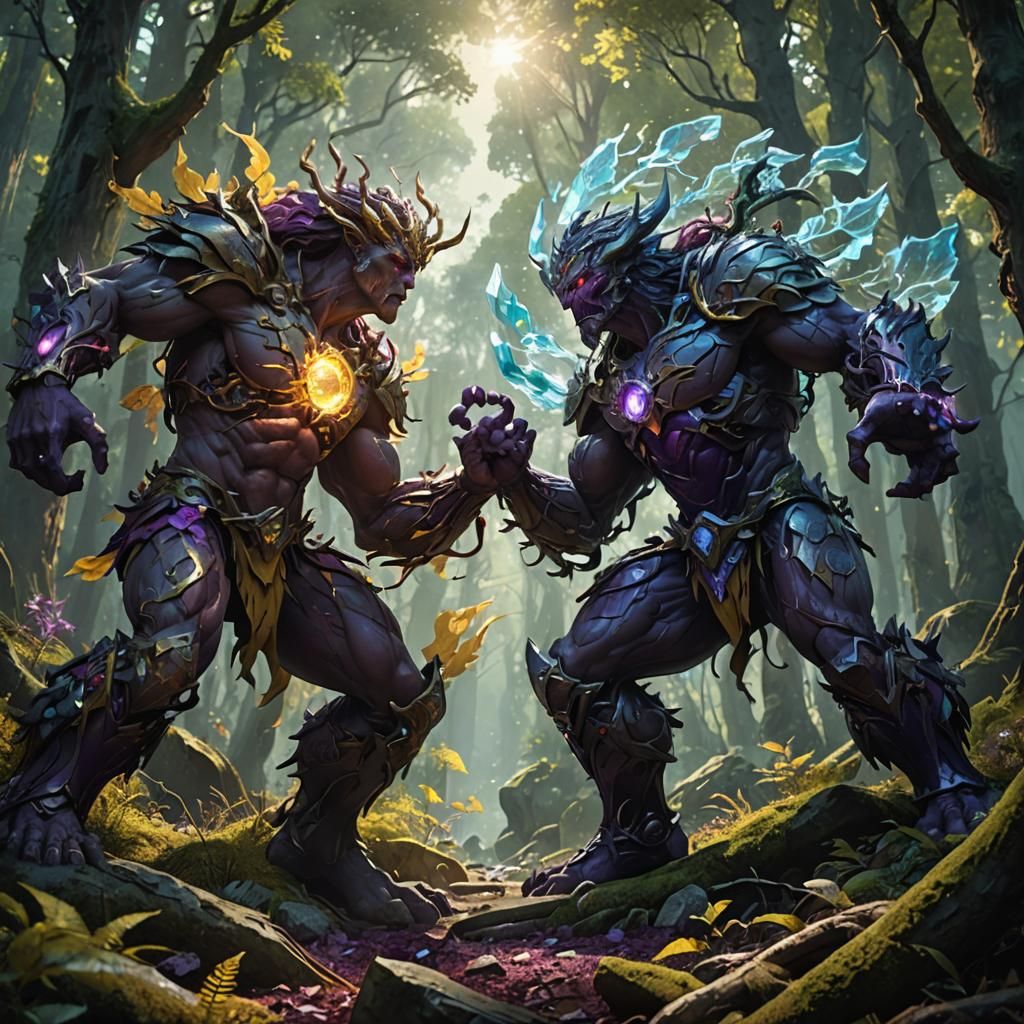Epic Fantasy Elemental Battle in a Mystical Forest