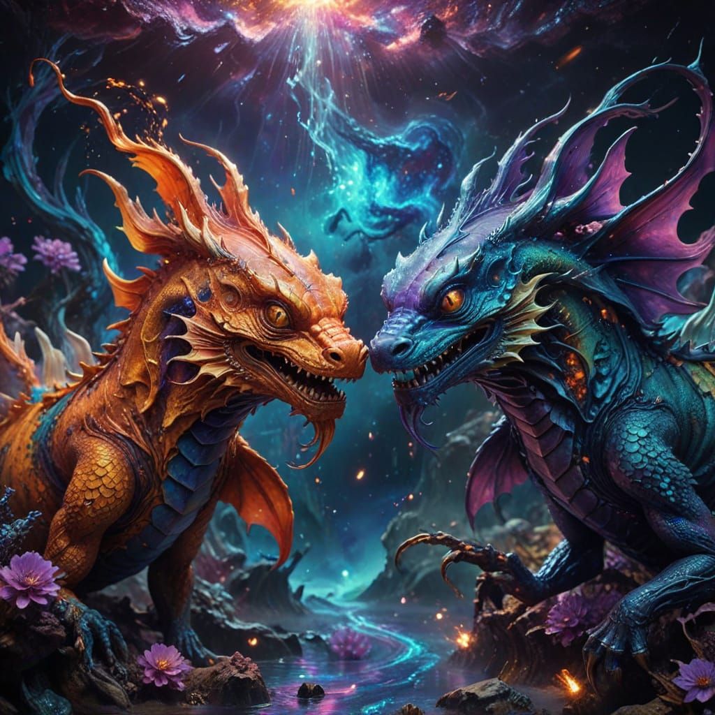Celestial Koi Dragons in Iridescent Cosmic Hues
