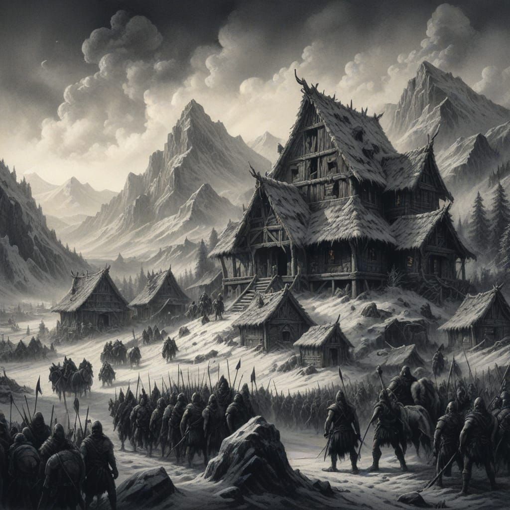 Cimmerian Village in Chiaroscuro Charcoal Art