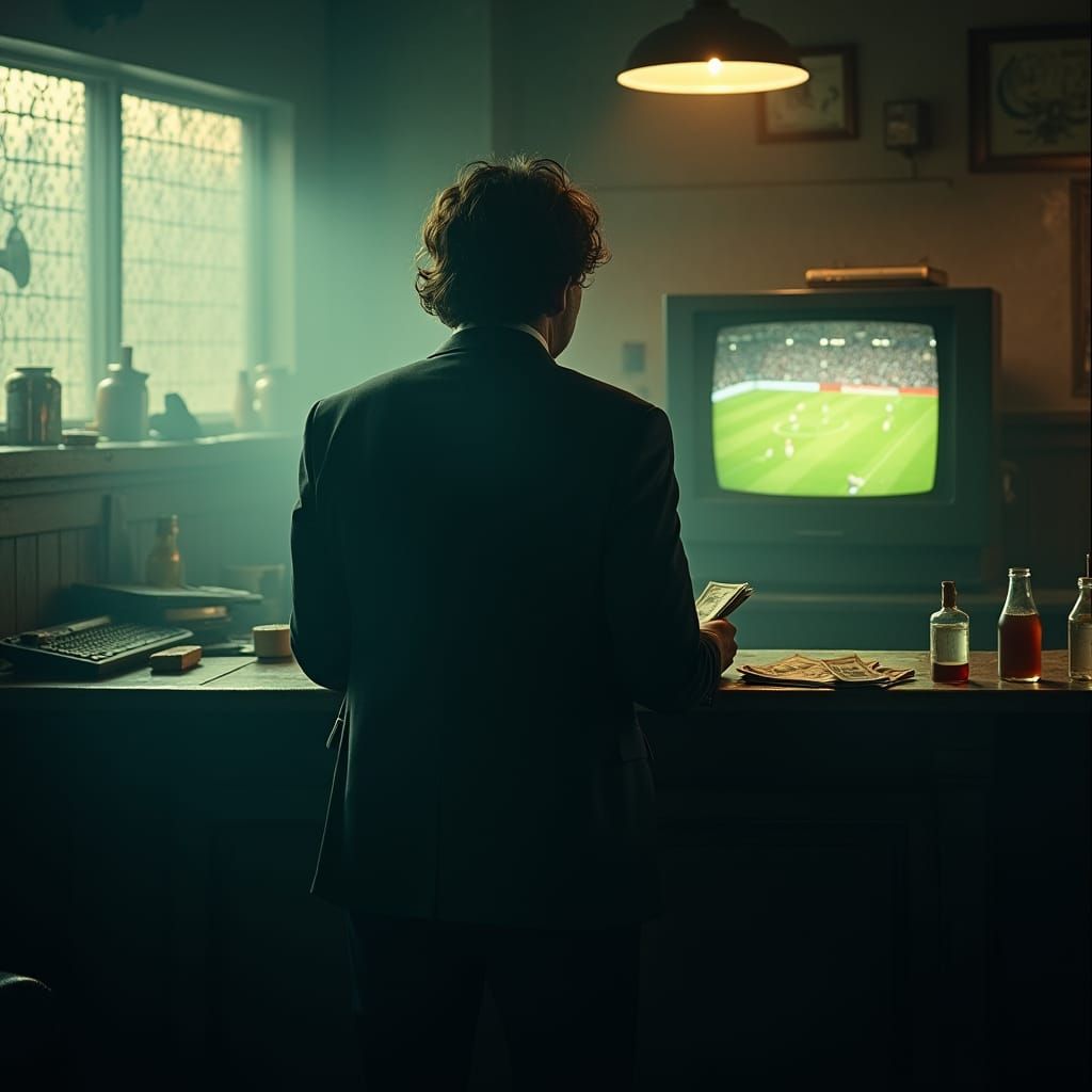 High-Stakes Soccer Gambler in Noir Film Still