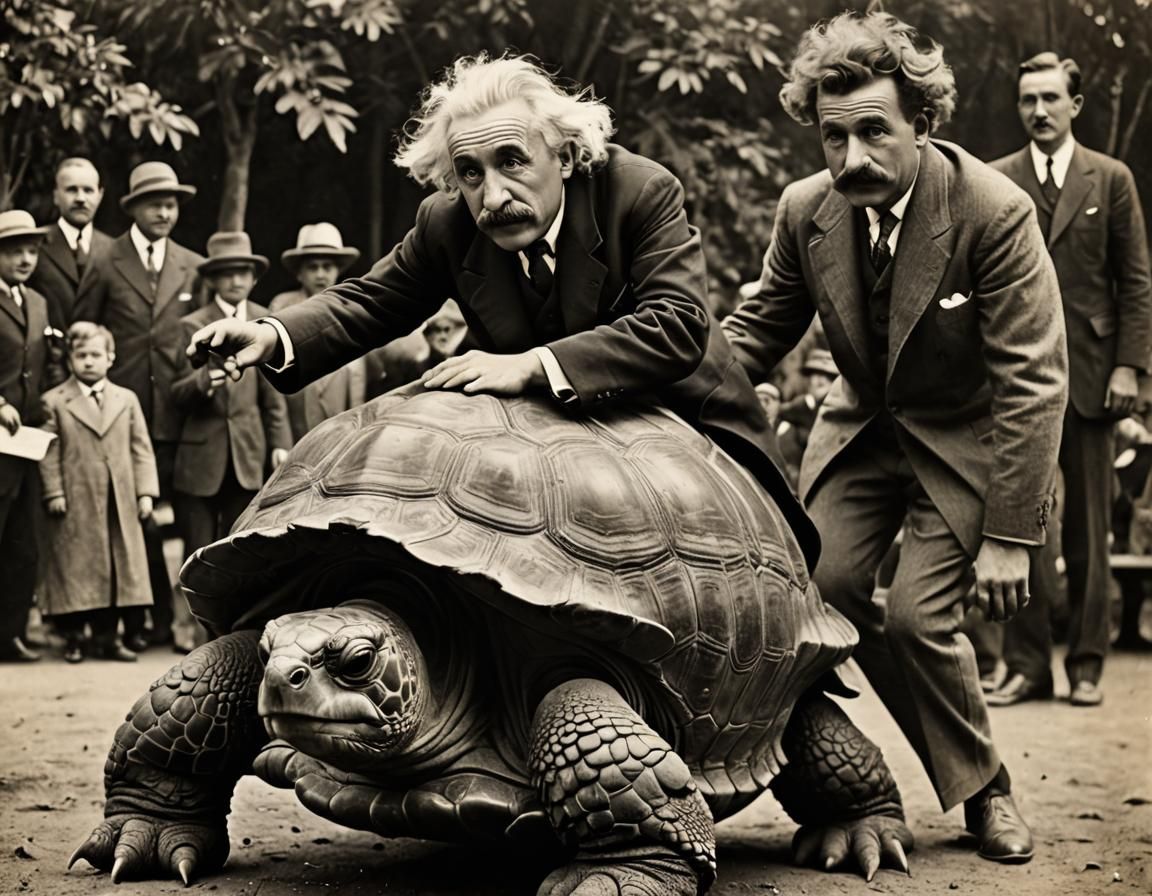 Einstein Rides Tortoise in Wacky Cartoon Photo