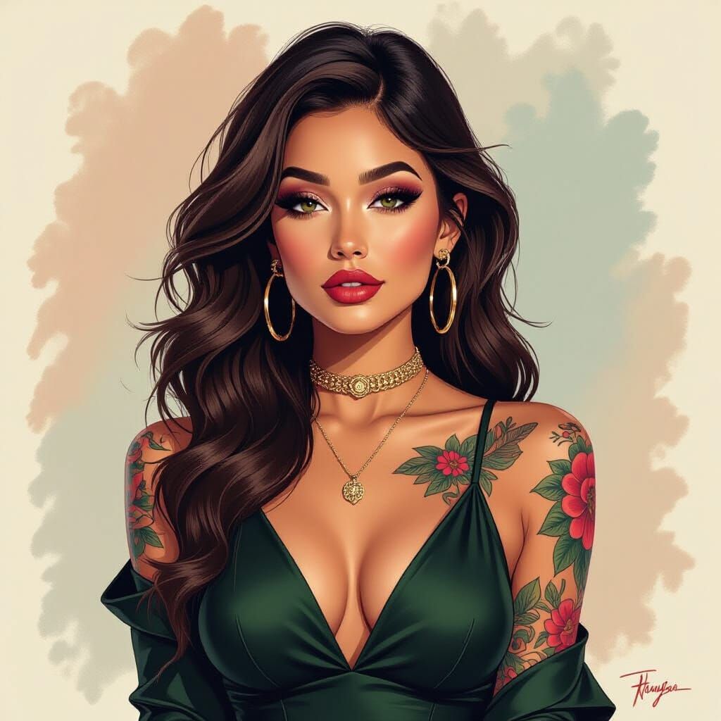 Pop Art Portrait of Woman with Tattoos
