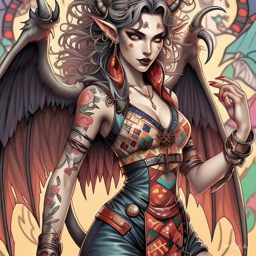 Surreal Fantasy Illustration of a Winged Demoness
