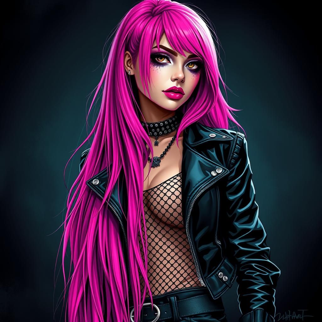 Vibrant Punk Woman with Pink Hair in Comic Book Style