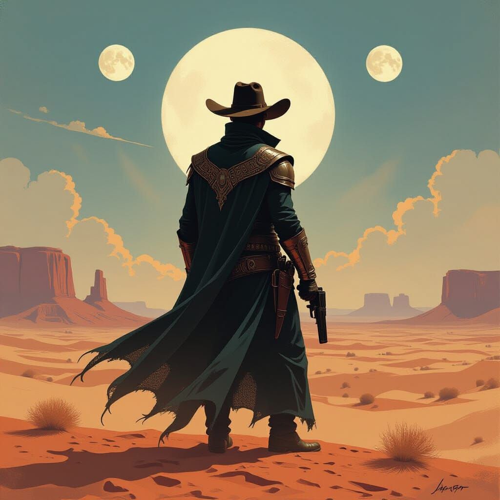 Lone Cowboy in Alien Desert Under Two Moons