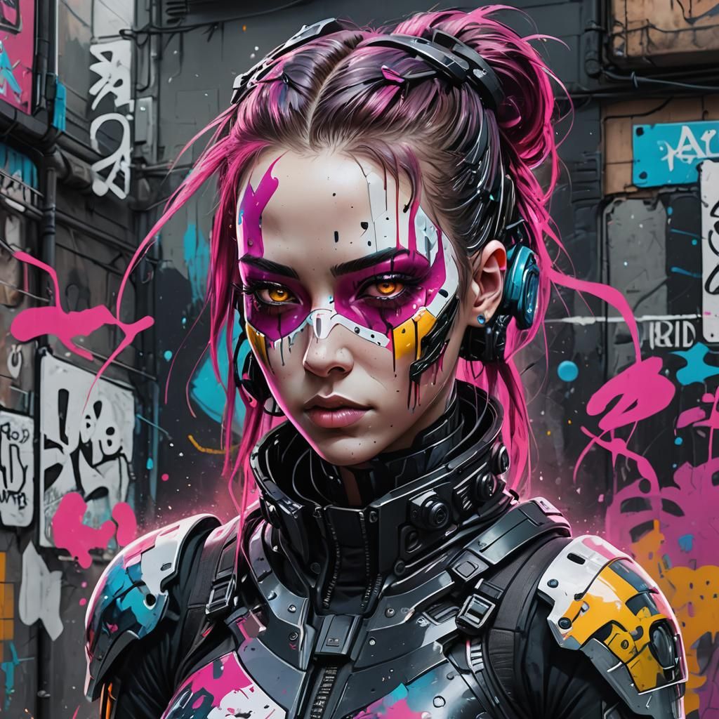 Cyberpunk Girl in Futuristic Armor: Graffiti Art