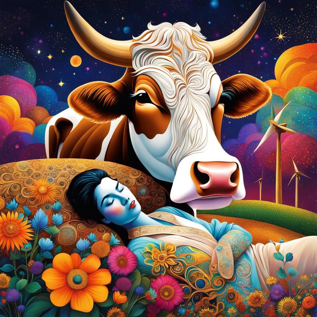 Farmer and Cow Napping in Klimt-Inspired Art