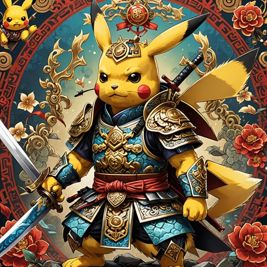 Samurai Pikachu in Ornate Armor: Digital Art