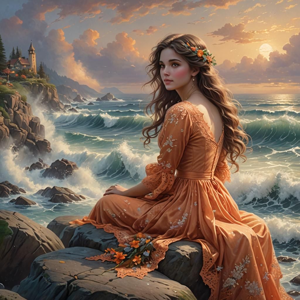 Girl in Orange Gown on Stormy Shore