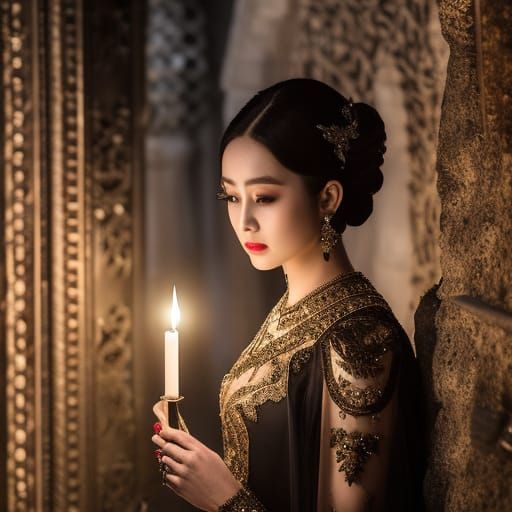 Woman in Lace Gown Walks Through Crypt