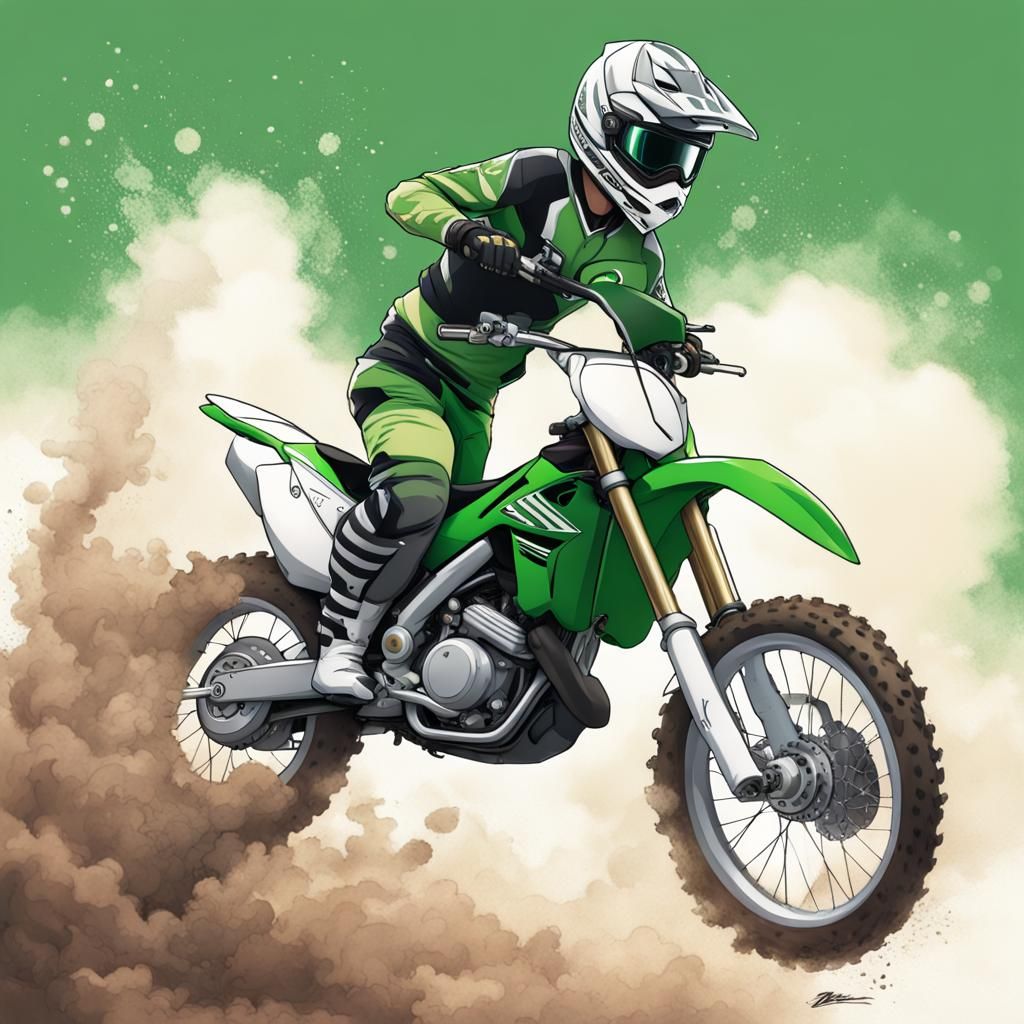 Kawasaki Dirt Bike Wheelie in Anime Style