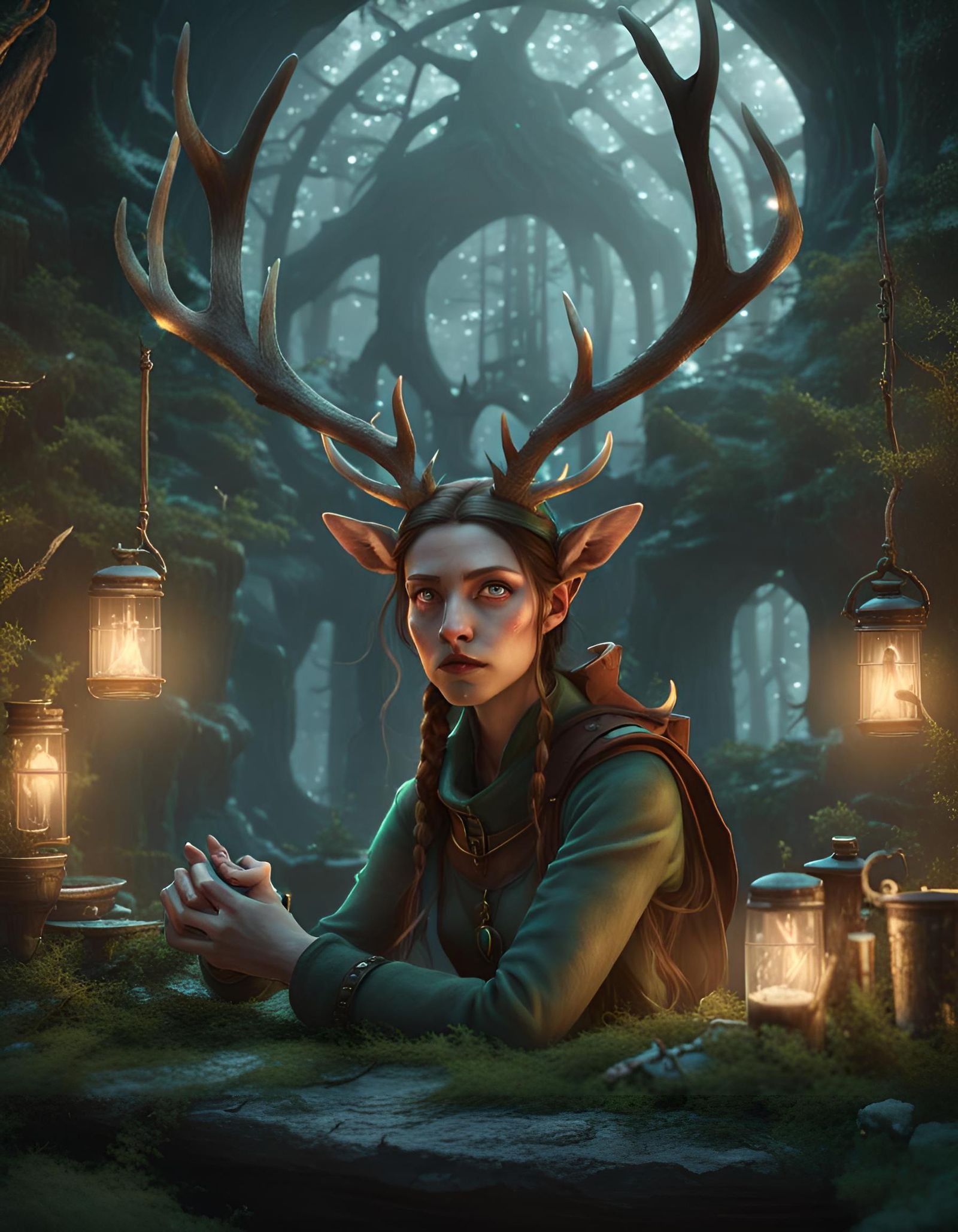 Elf Girl with Deer Antlers in Dark Fantasy Style