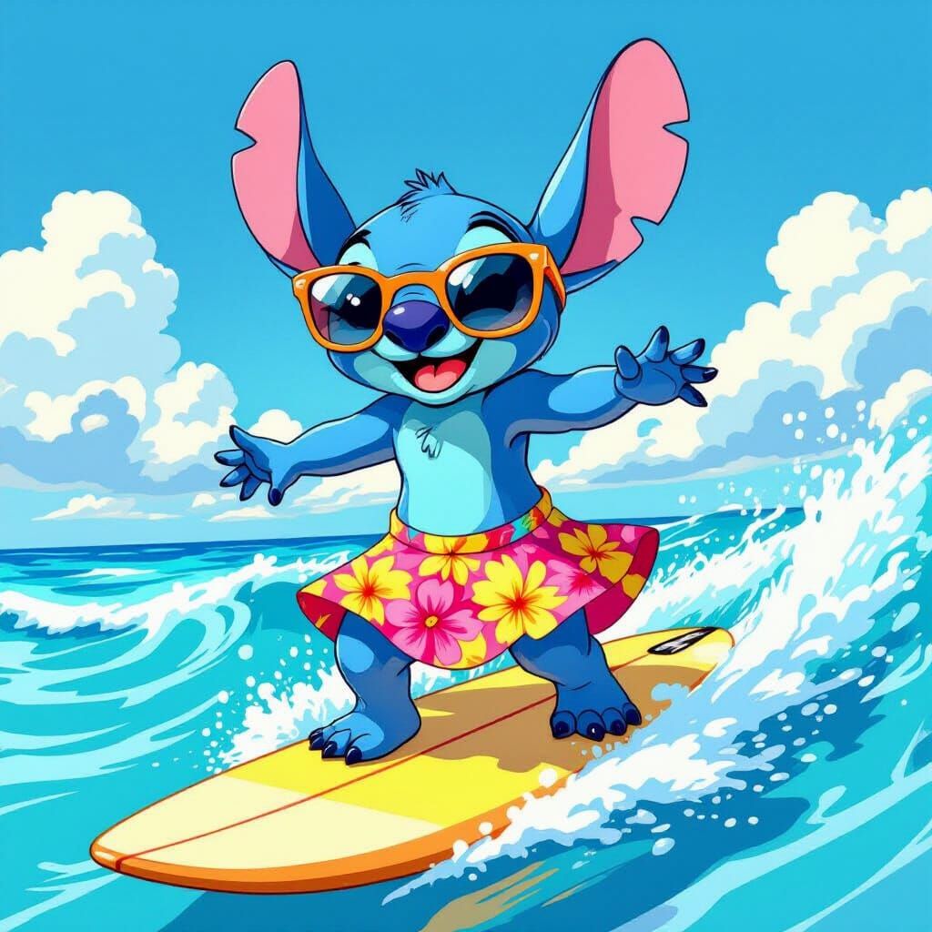 Stitch on a surfboard with sunglasses and a Hawaii skirt