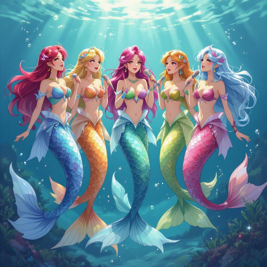 5 Mermaids Sing in Mythological Style with Colorful Tails
