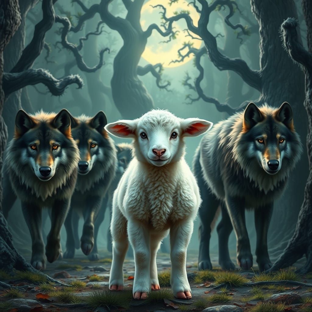 Regal Lamb Leads Majestic Wolves in Dreamlike Forest
