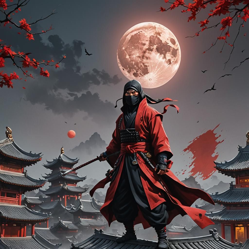 Ninja on Temple Roof in Splash Art Style