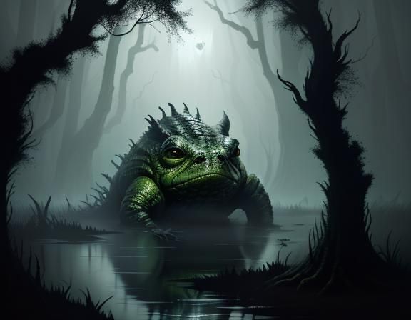 Bulbous-Eyed Bullywug Emerges from Murky Swamp Waters