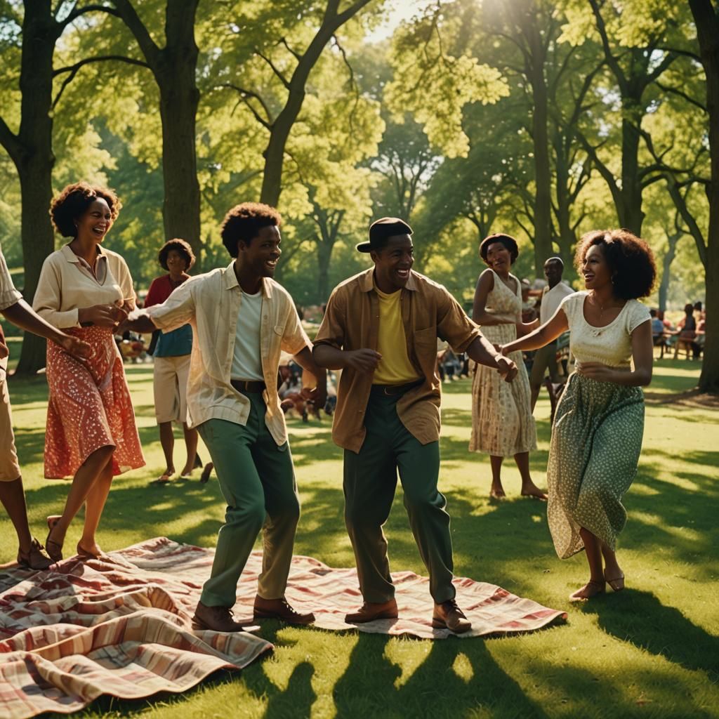 African Americans Dancing at Picnic in Golden Sunlight