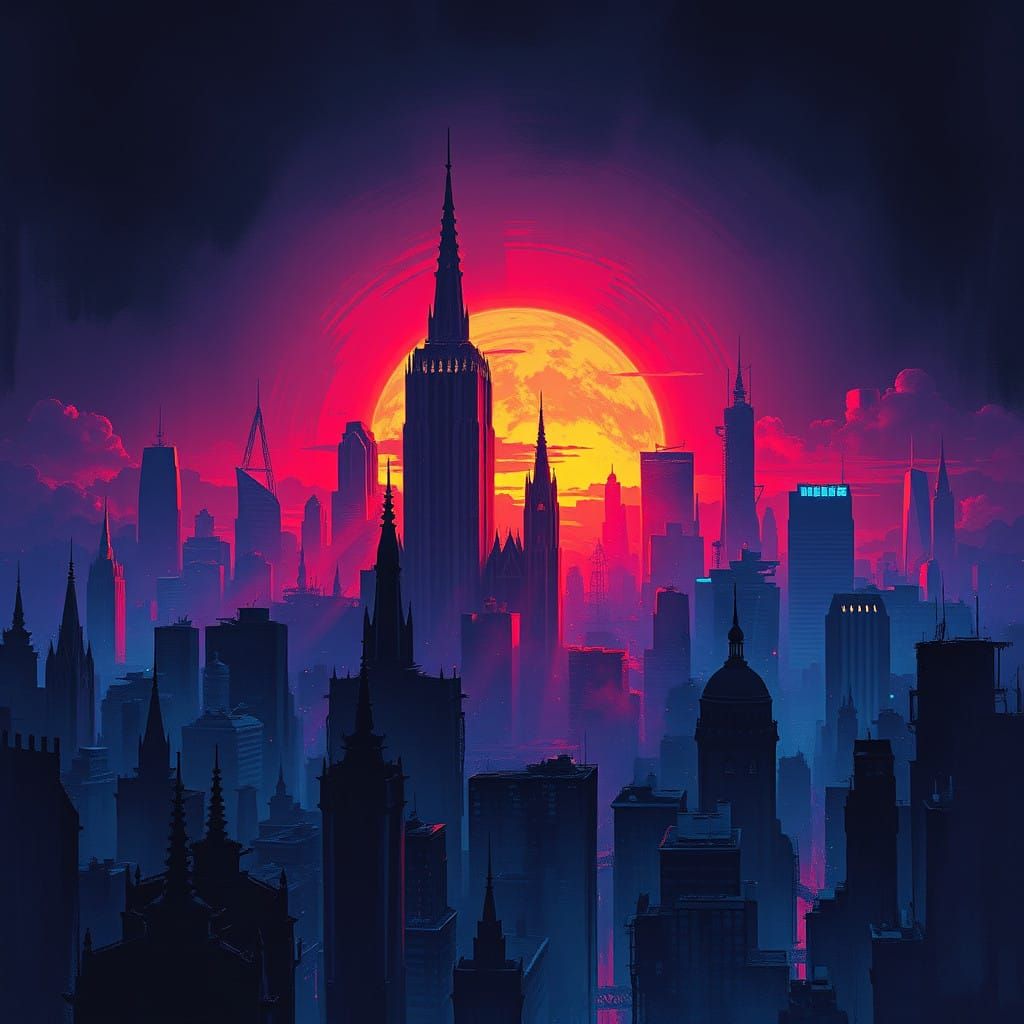 Mystical Cityscape Unfolds Under Fiery Dusk