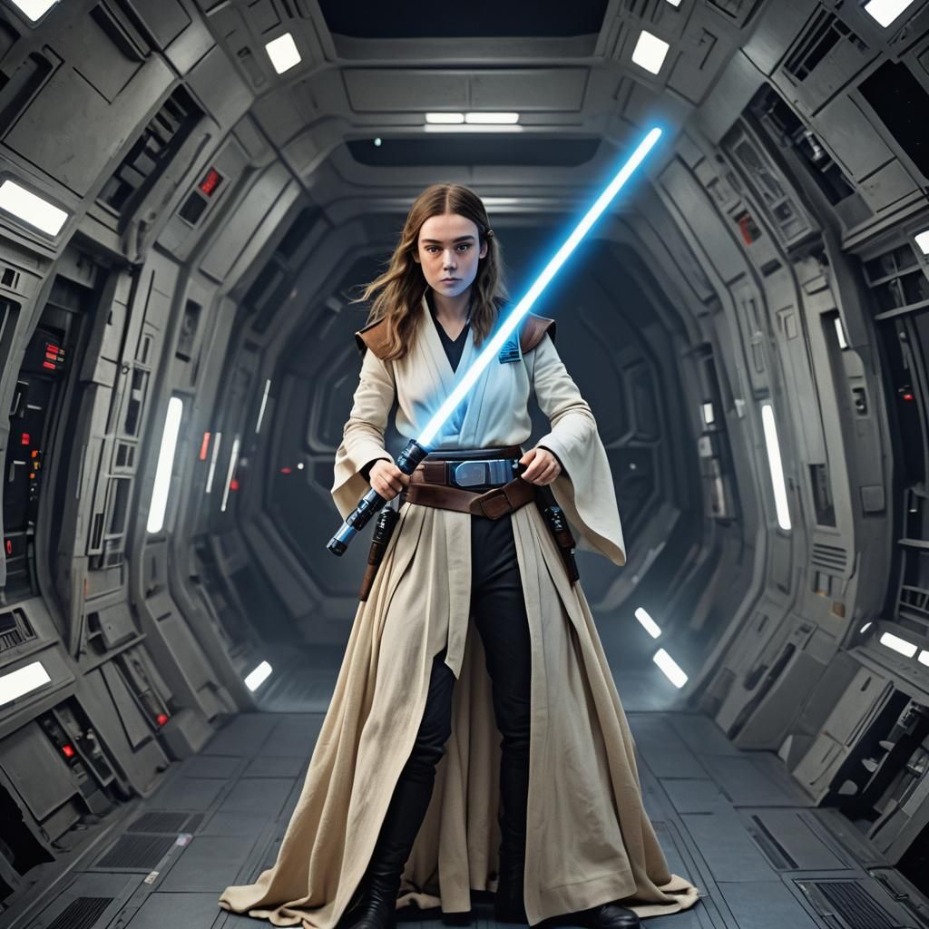 Jedi Knight with Blue Lightsaber in Space