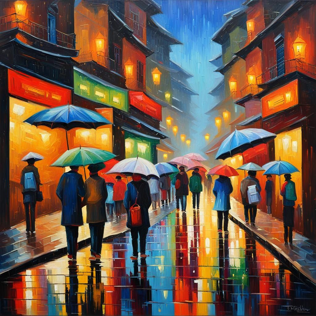 Neon Reflections in Crowded Asian City, Expressionist Oil Pa...