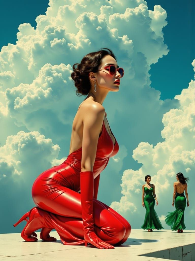 Elegant Woman in Red Bodysuit Posed Dynamically