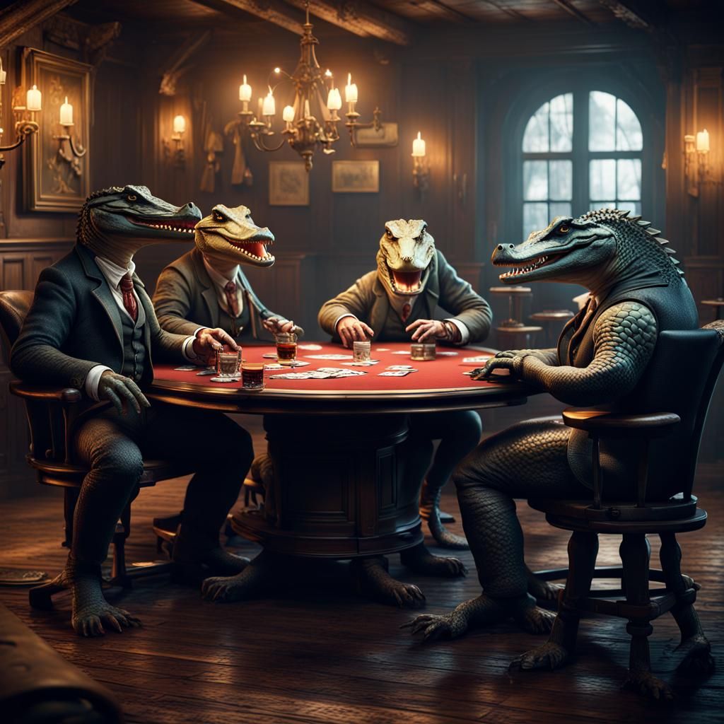 Alligators Play Poker in Saloon: Fantasy Matte Painting